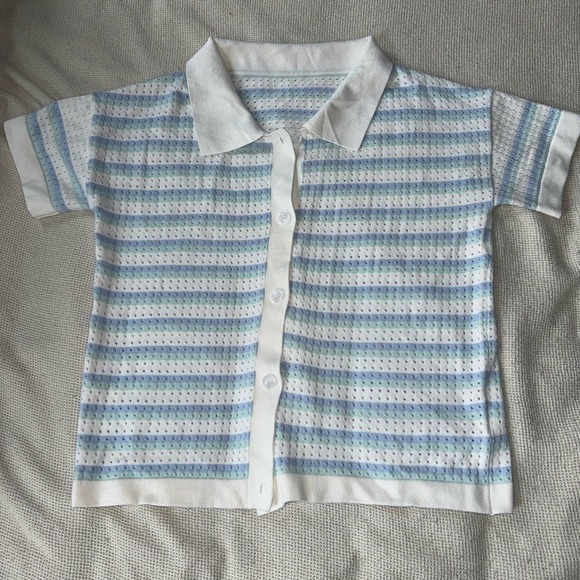 Striped Knit Polo Shirt Shorts Set Light Blue White Casual Lounge Wear - Picture 4 of 5